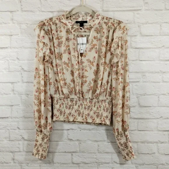 O Forever 21 Cream Wildflower Neck Tie Smocked Cropped Long Sleeve Top NWT M - Picture 7 of 13